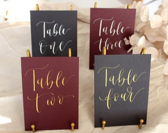 Wedding Table Numbers - black and burgundy cad with white or gold calligraphy