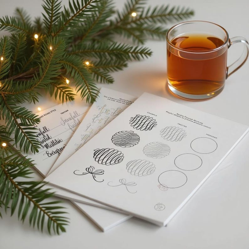 May include: A clear glass mug filled with tea sits next to a stack of white paper with calligraphy practice exercises. A sprig of evergreen with small lights is in the background.
