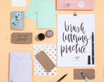 Brush Lettering Kit - Learn Modern Calligraphy - Practice Sheet Workbook, Tombow Pens, Indian Ink - A Complete Hand Lettering Class