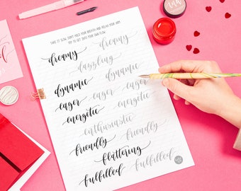 Modern Calligraphy Pdf Practice Worksheets - Positive Words and Phrases - Share The Love Printable Positivity Workbook