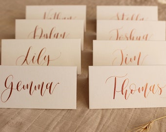Handwritten Place Cards - Copper Calligraphy on White Cards -  Wedding Stationery Table Decor