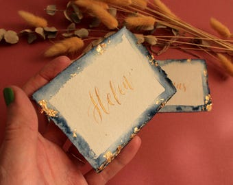 Indigo Wedding Place Cards – Handwritten Gold Calligraphy Name Cards – Cotton Paper Escort Cards – Elegant Table Settings