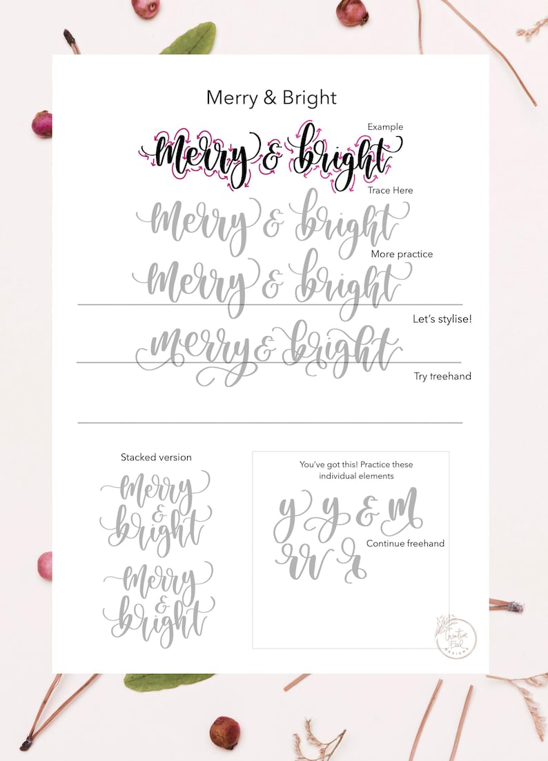 Modern calligraphy winter practice sheets - digital file - holiday words and phrases.
