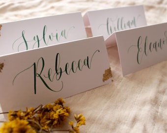 Sage Green Ink Calligraphy Place Cards - Gold Leaf Option - Event Stationery - Wedding Table Settings