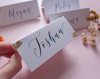 Dark Blue Ink Calligraphy Place Cards - Gold Leaf Option - Event Stationery - Wedding Table Settings