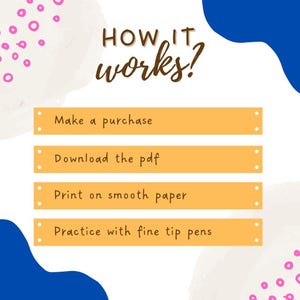 May include: An infographic with the text "HOW IT works?" in brown script. The steps are listed on orange rectangles: Make a purchase, Download the pdf, Print on smooth paper, and Practice with fine tip pens. The background is light beige with blue and pink accents.