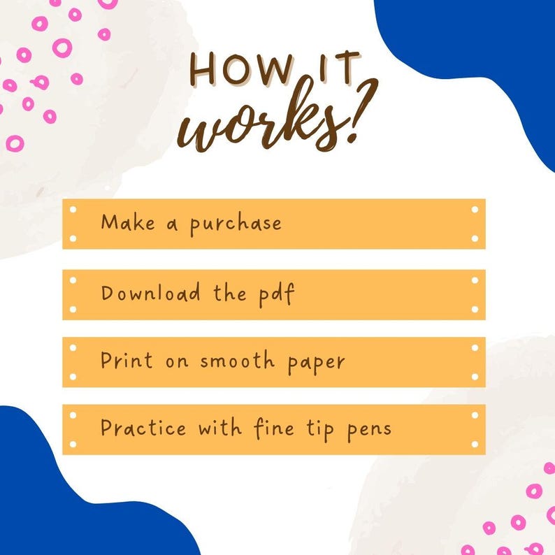 May include: An infographic with the text "HOW IT works?" in brown script. The steps are listed on orange rectangles: Make a purchase, Download the pdf, Print on smooth paper, and Practice with fine tip pens. The background is light beige with blue and pink accents.