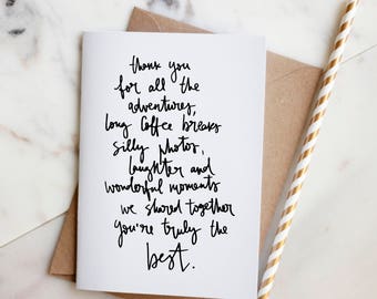 Carte de vœux du meilleur ami - 'Merci pour toutes les aventures...' - Carte Good Times - Carte A6 en lettres à la main - Style minimal - Carte de gratitude