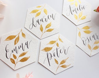 Pack of 20 Hexagon Cotton Place Cards with Gold Leafy Pattern - Modern Calligraphy Place Settings