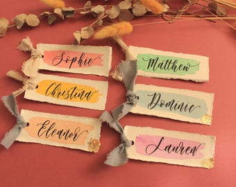 Pastel Place Cards - Handwritten Watercolour Background Name Cards - Wedding / Event Stationery - Brush Calligraphy - Cotton Paper