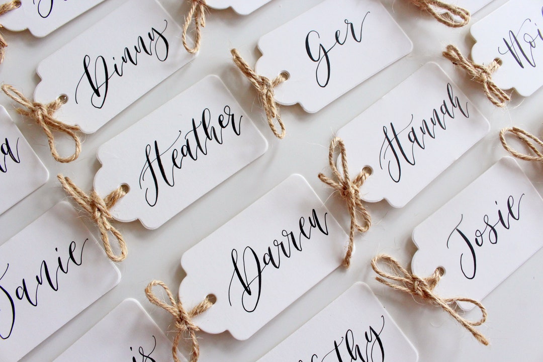 Set of 20 Calligraphy Name Tags - Simple Black and White Personalised ...