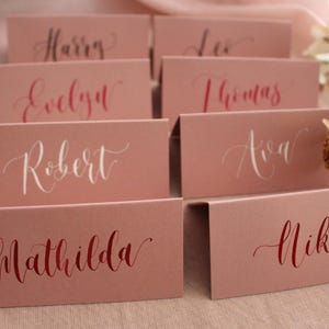 Pack of 10 Dusky Pink Calligraphy Place Cards with your choice of ink: White, Black, Magenta and Dark Red - Wedding Stationery