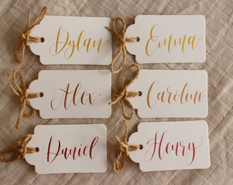 Set of 20 Handwritten Name Tags - Gold, Bronze or Shiny Red Calligraphy  - Wedding Favours - Event Place Cards - Table Decor