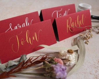 Pack of 10 Red and White / Red and Gold Wedding Place Cards in Modern Calligraphy Style