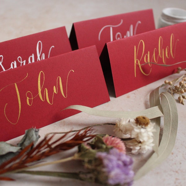 Pack of 10 Red and White / Red and Gold Wedding Place Cards in Modern Calligraphy Style