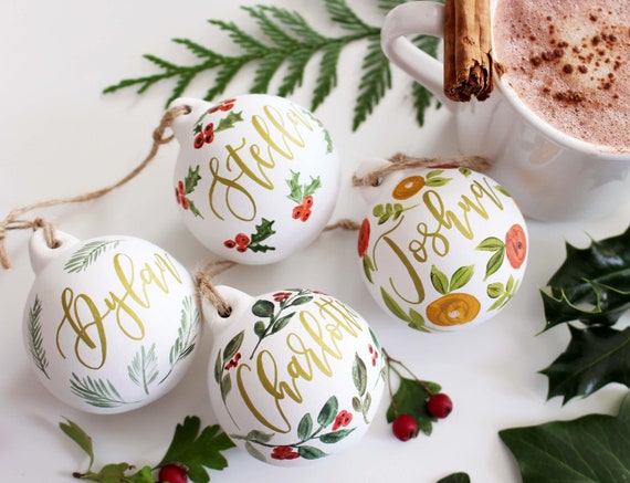 Personalised Baubles - Hand Painted and Hand Lettered, Gold Calligraphy and Greenery, Berries, Pine branches