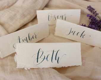 Calligraphy Place Cards for greenery themed Wedding, Blue Green / Eucalyptus Colour, Handmade Cotton Paper