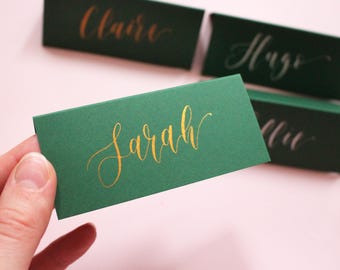 Bespoke Modern Calligraphy - Green Calligraphy Place Cards with your choice of ink: White, Gold - Minimalist Wedding Stationery