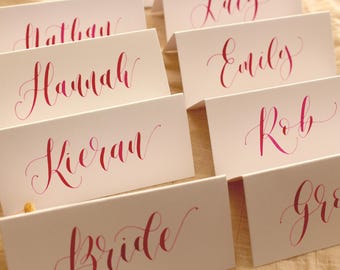 Handwritten Place Cards - Magenta Calligraphy on White Cards -  Wedding Stationery Table Decor