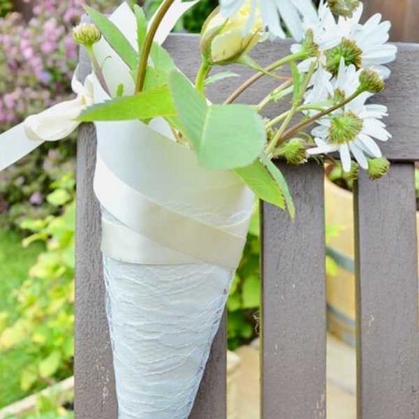 Church Pew Flower Holders, Chair Flower Cones, Wedding Seats Decorations. Hand made in Britain.