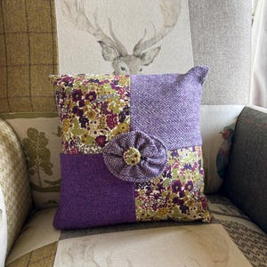 Harris tweed Cushion, with Liberty fabric panels. Purple and Green