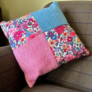 Harris tweed Cushion with Liberty fabric flower print, Pink and Blue