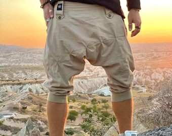 Men's Harem Shorts for Tulum & Burning Man | Lightweight Linen Nomad Style - Comfortable Summer Fashion
