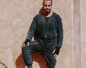 Dark Grey Stonewashed Cotton Long Sleeve Shirt: Cyberpunk Techwear Top • Thumbhole Cuffs
