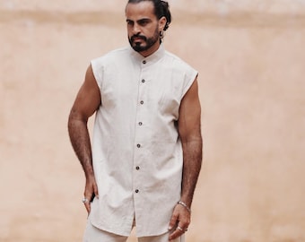 Men's Beige Linen Vest: Nehru Style Sleeveless Shirt • Bohemian Summer Wear Man • Linen Clothing
