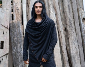 Men’s Black Asymmetric Hoodie • Dark Cotton Hooded Wrap for Alternative Style • Long Hooded Cardigan • Dystopian Streetwear