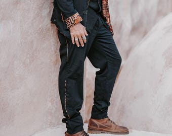 Black Bura Trousers: Men's Tapered Cotton Stretch Pants with Bali Batik Detail