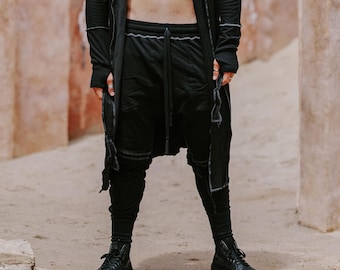 Black Bamboo Cotton Fleece Drop Crotch Joggers: Urban Ninja Streetwear, Festival Pants