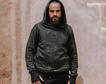Asymmetrical Cotton Fleece Zipper Hoodie with Golden Arrow Print