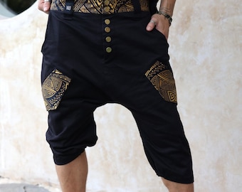 Men's Drop Crotch Denim Harem Capri Pants: Cotton Twill Cargo Shorts, Burning Man Fashion