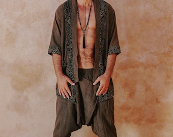 Stonewashed linnen harembroek: bruingroene nomadbroek met laag kruis