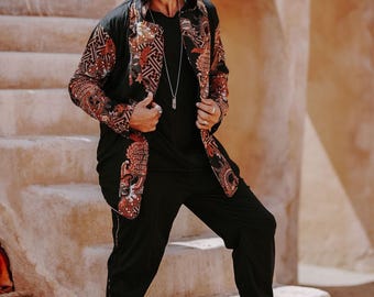 BURA Suit: Reversible Black Batik Blazer • Modern Oriental Style • Cotton Stretch Outfit