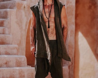 Hanzo Stonewashed Linen Hooded Vest – Japanese Boho Wrap Top