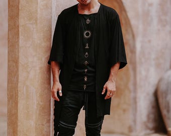 Black Bamboo Cotton Tee Vest: Faux Layered Sacred Geometry Print Shirt