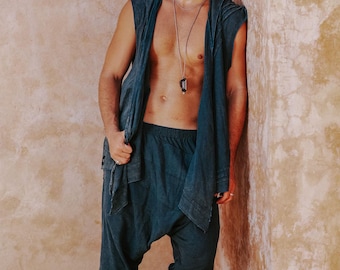 Stonewashed Linen Harem Pants: Blue Drop Crotch Nomad Trousers