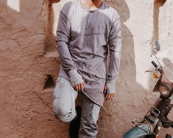 Stonewashed Khaki Cotton Long Sleeve Shirt: Asymmetrical cut • Thumbholes • Post-Apocalyptic Style