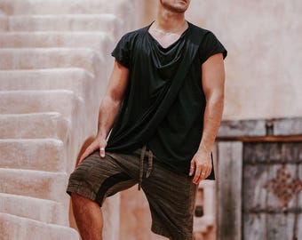 Black Cotton Draped Wrap T-Shirt: Asymmetric Japanese Streetwear Tee