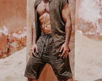 Men's Stonewashed Linen Drop Crotch Shorts: Boho Festival Summer Culottes