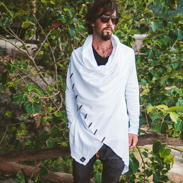 White Jedi Cloak hoodie, Hooded Cloak, Hood Ninja, Hooded cardigan men, Futuristic clothing, DUNE Fashion, Dune Clothes, Hooded Ninja Shirt