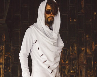 Men’s Jedi Festival Hoodie • Cotton Burning Man Robe • Asymmetric Hooded Cardigan • Dystopian Streetwear