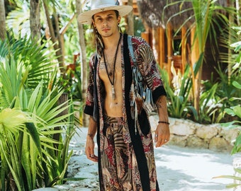 Tenue de festival pour hommes, kimono rave, vêtements pour hommes, cape en plumes, vêtements Tulum, veste kimono bohème, déguisement Burning Man, cadeau pour lui