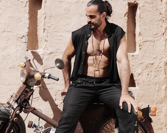 Black Nehru Vest • Minimalist Oriental Summer Lounge wear