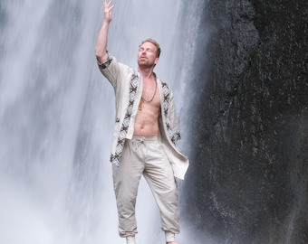 Beige Linen Kimono Set: Men's Boho Wedding Robe • Ceremonial Kimono Cardigan • Burning Man Clothing