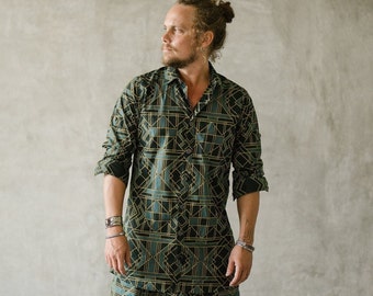 Geometric Print Cotton Button-Up Shirt: Green Boho Festival Style