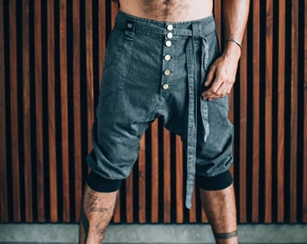 Men's Boho Stonewash Cotton Capri Pants: Festival Drop Crotch Trousers