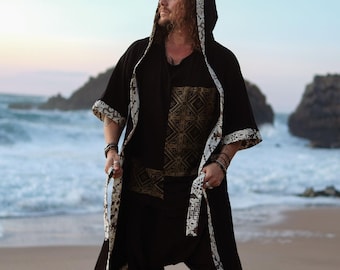 Kimono de bambú con capucha: bata de festival para hombre con detalles tribales